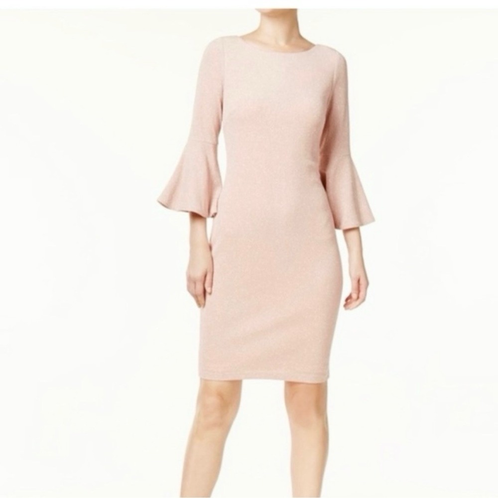 Calvin‎ Klein Blush Pink Bell Sleeve Stretch Crepe Sheath Dress Size 12